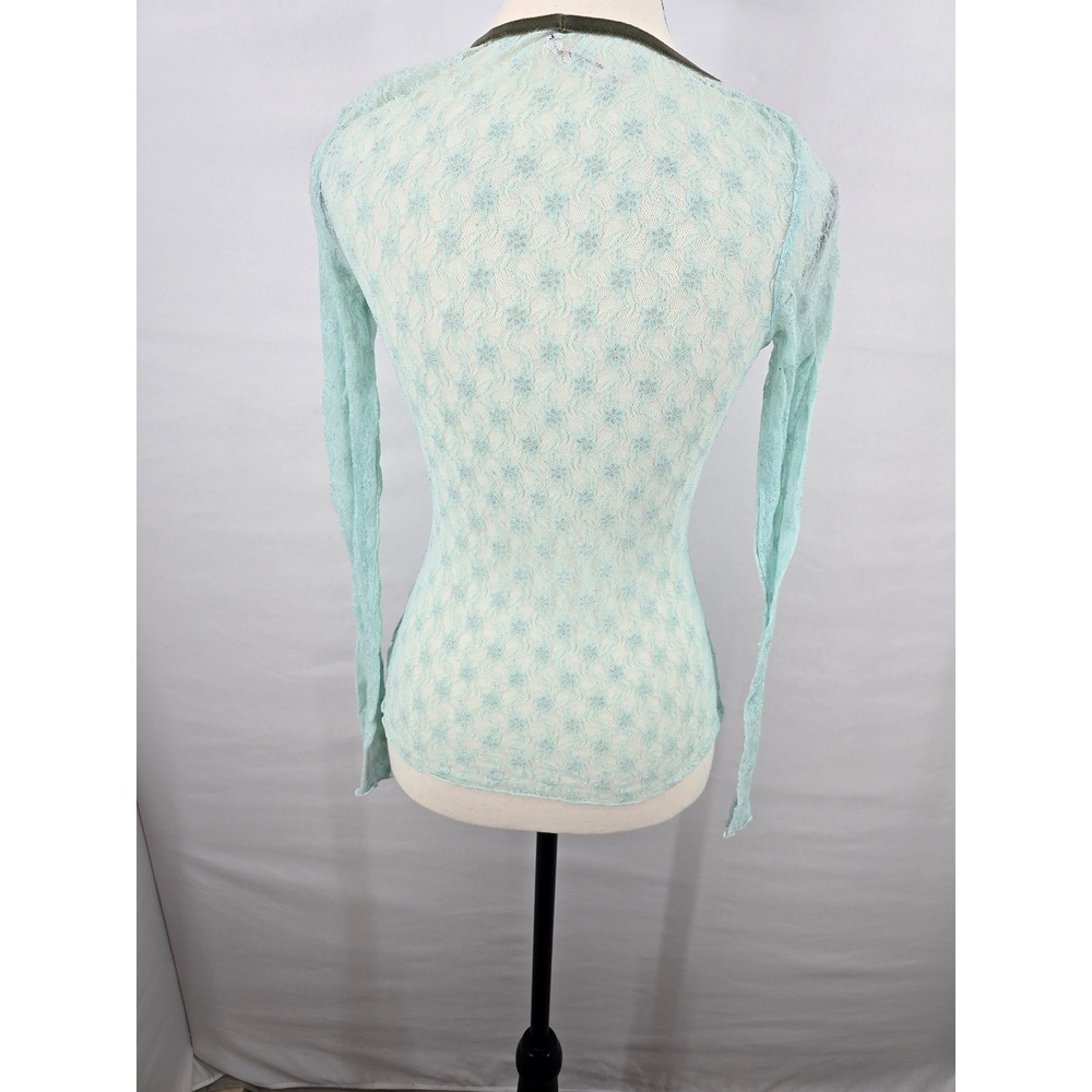 Free People Mint Green Floral Lace Metallic Shimmer Velvet Trim Scoop Neck Top S - Picture 3 of 5